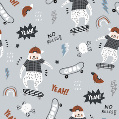 Seamless childish pattern with funny sloths on skateboards . Creative scandinavian kids texture for fabric, wrapping, textile, wallpaper, apparel. Vector illustration © solodkayamari
