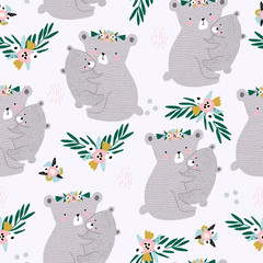 Seamless pattern with cute mom hugging baby bear. Creative childish floral texture. Great for fabric, textile Vector Illustration