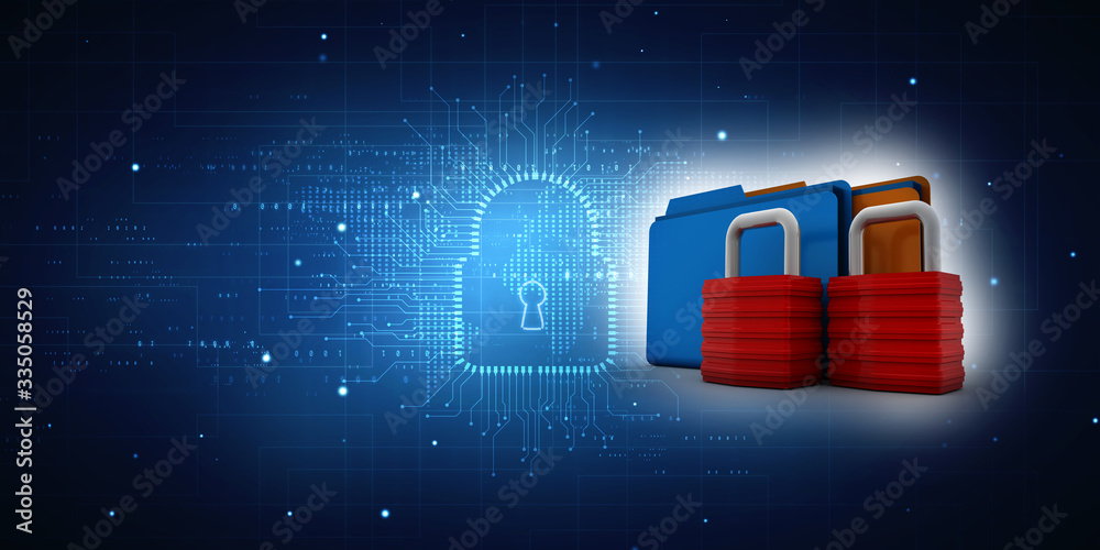 Poster yellow folder and lock. data security concept. 3d rendering
