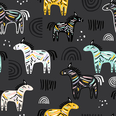 Seamless childish pattern with colorful zebras, rainbows and hand drawn textures. Perfect for fabric,textile. Creative Vector background © solodkayamari
