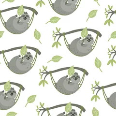 Wall murals Sloths Seamless pattern with cute sloths lying  in hammocks. They have leaves. Vector hand drawn illustration isolated on white background. Great for fabrics, baby clothes, wrapping papers. 