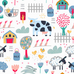 Childish seamless farm pattern . Trendy kids vector background. Perfect for kids apparel, fabric, textile