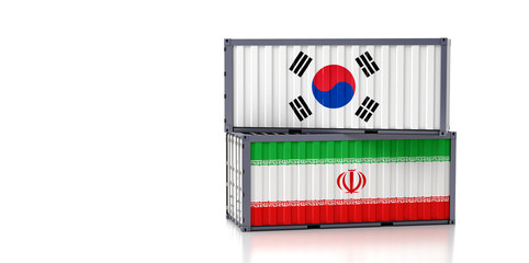 Two freight container with Iran and South Korea flag. 3D Rendering