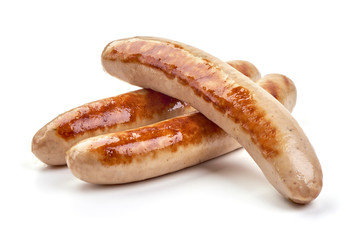 Grilled German white sausages, Thuringer Rostbratwurst, isolated on white background