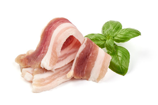 Salted bacon slices, pork lard, isolated on white background