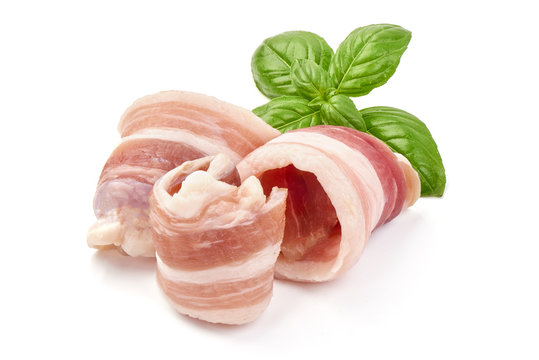 Slices of smoked bacon, pork lard, isolated on white background