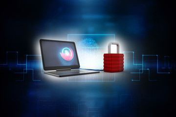 3d illustration Safety concept: Closed Padlock with laptop on digital background
