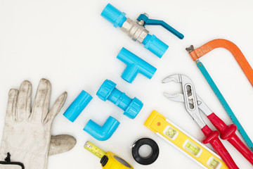 Pipe work tools set on white background.