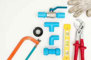 Pipe work tools set on white background.