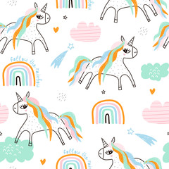 Kinderachtig naadloos patroon met creatieve eenhoorns, regenbogen, sterren. Trendy kinderen vector achtergrond. Perfect voor kinderkleding, stof, textiel
