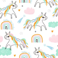 Fototapete Einhorn Kindisches nahtloses Muster mit kreativen Einhörnern, Regenbogen, Sternen. Trendiger Kindervektorhintergrund. Perfekt für Kinderbekleidung, Stoff, Textil