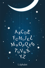Fototapeta premium French alphabet poster for kids education and kids room wall decoration. Moon night, starry sky, lullaby vector illustration. Education material for kindergarten, preschool, school. Stock vector