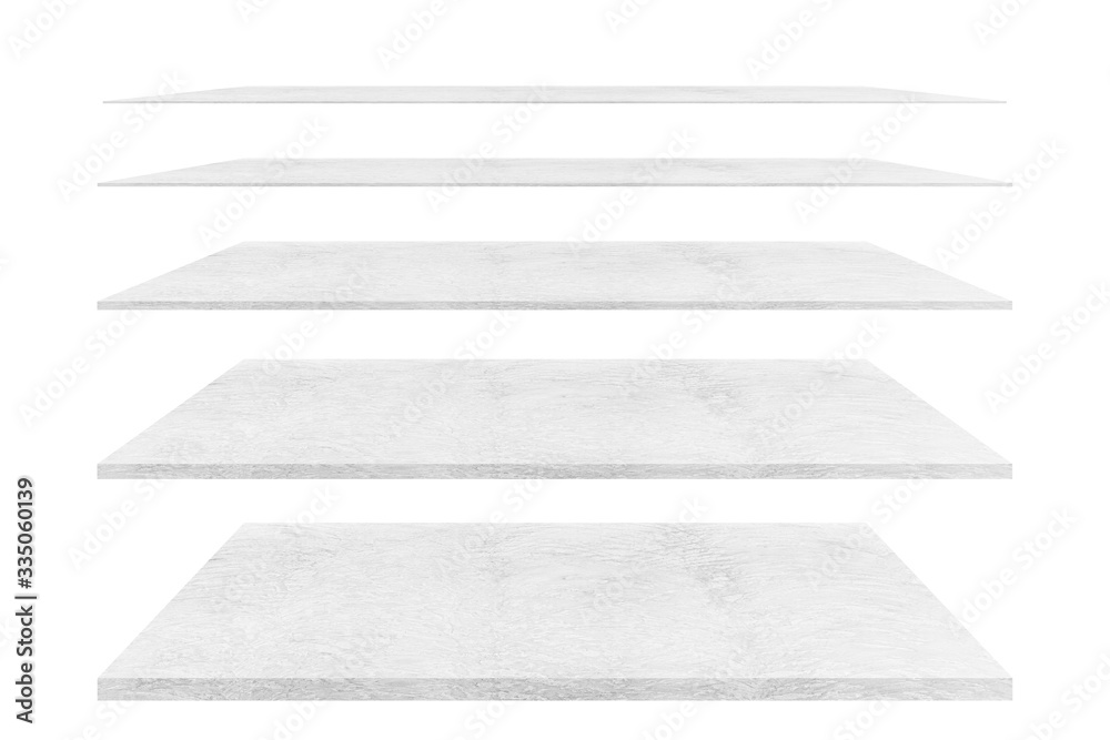 Poster 4 empty cement shelves different levels, isolated on white backgrounds, with clipping paths.