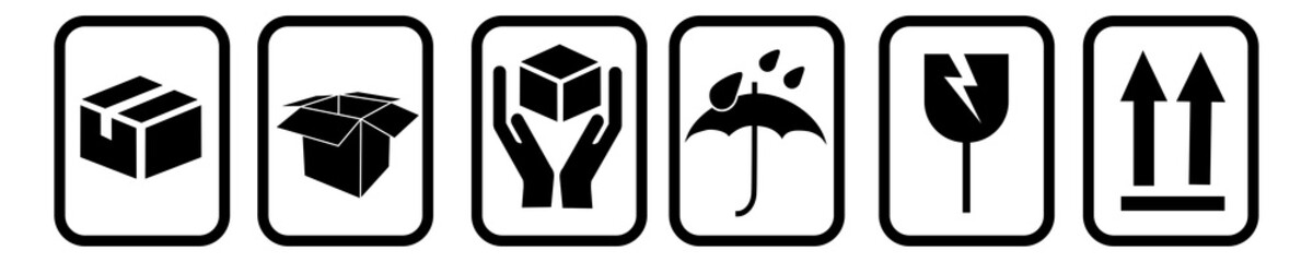 Fragile package icons set, handle with care logistics and delivery delivery labels. Fragile box, cargo warning vector signs. Vector illustration