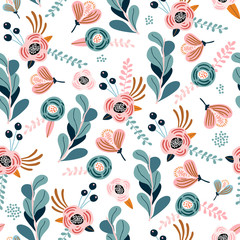 Seamless pattern with eucalyptus branches, flowers, berries and leaves. Creative flower texture. Great for fabric, textile vector illustration.