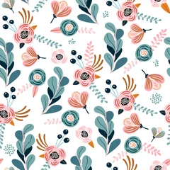 Behang Wit Naadloze patroon met eucalyptus takken, bloemen, bessen en bladeren. Creatieve bloem textuur. Geweldig voor stof, textiel vectorillustratie.
