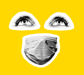 Medical mask protection against coronavirus, eyes and mouth close-up. Mask from infection. Modern art collage, yellow background.