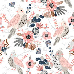 Seamless pattern with cute birds, flowers, berries and leaves. Creative floral texture. Great for fabric, textile Vector Illustration