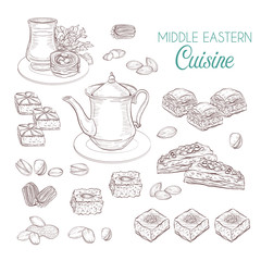 Arabic Food. Middle Eastern sweets and tea