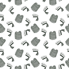 Monochrome black and white sweater shirt and sailor cap with ribbons geometric seamless pattern