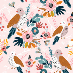 Cotton fabric Seamless pattern with cute birds, flowers, berries and leaves. Creative floral texture. Great for fabric, textile Vector Illustration