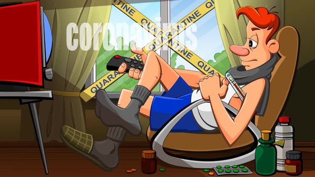 Animation of a cartoon about the coronovirus pandemic, COVID-19. A man is watching the news on TV.