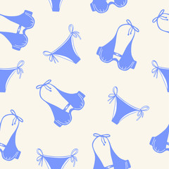 Geometric seamless pattern, beach blue swimwear, bras and underwear, vector on a pink background. 