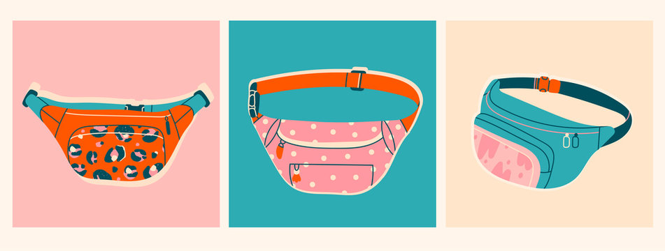 Set of Various Waist bags. Colorful banana shaped belt bags. Hand drawn trendy Vector illustration. Fancy retro fashion accessory. All elements are isloated