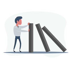 Businessman stopping falling domino - concept. Symbol of crisis, risk, management, leadership and determination. vector illustration.