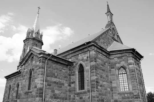 Old beautiful church, black and white photo.