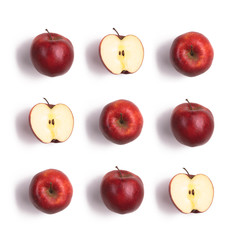 Red delicious apples isolated on green background. Creative layout made of red apple. Flat lay with copy space. Fresh food concept. 