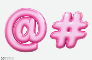 Arroba sign, hashtag sign, bublle. Uppercase and lowercase. Font bubble gum. 3D render set of pink cartoon. Bubble Gum isolated on white background.  Modern font.