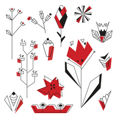 Stylized flowers. Geometric plants. Linear illustration
