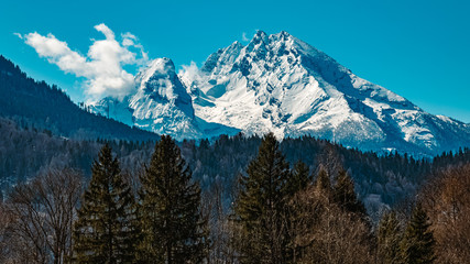 Beautiful winter landscape near Berchtesgaden, Bavaria, Germany with the famous Watzmann summit in the background