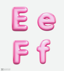 Letters E, F, bublle. Uppercase and lowercase. Font bubble gum. 3D render set of pink cartoon. Bubble Gum isolated on white background.  Modern font.