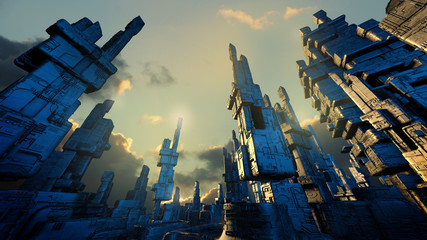 Futuristic architecture rendering. Science fiction cityscape in sunset colors. 3D rendering © CROCOTHERY