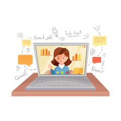 Laptop and online education icon on its screen with professor or teacher. Hand drawn design elements for website banner of e-learning, e-book, online education Vector illustration in flat cartoon styl