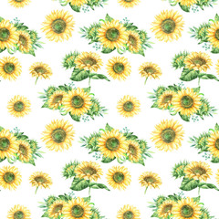  Watercolor seamless pattern with sunflowers.
