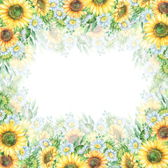 Fototapeta premium Watercolor border frame with sunflowers and daisies.