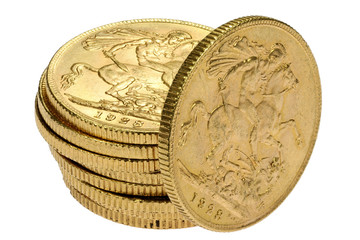 British full Sovereign gold coins isolated on white background