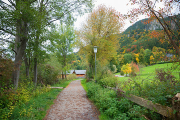 walkway in autumnal landscape upper bavaria, Fischhausen, schliersee area