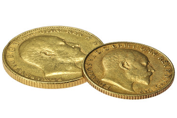 British full and half Sovereign gold coins (Edward VII) isolated on white background
