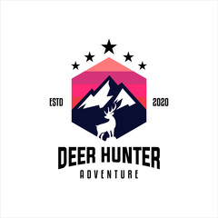 Emblem template emblems hunting club with deer animals, mountain adventure. Design elements for logos, labels, signs, posters, t-shirts. Vector illustration