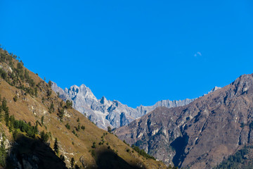 Harsh landscape of Himalayas seen from Annapurna Circuit Trek, Nepal. Barren and sharp Himalayan...