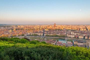 France. Lyon. Panorama de la ville de Lyon, de la Saône depuis la colline de Fourvière.