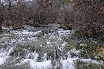 Beautiful river with crystal clear water among fall forest and scenic wooded mountains at the Valley in nature reserve (Valley National Park), China. Amazing autumn landscape.