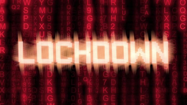 The text Lockdown, with an intentional digital glitch distiortion effect, appearing over a Matrix-style (code rain) background.
