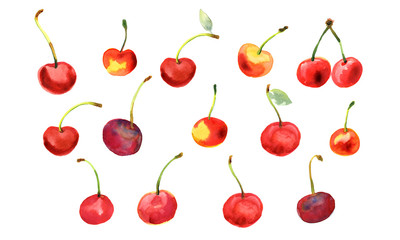 Clip art set with red, yellow cherrys. Set with isolated elements on white background hand drawn in watercolor.