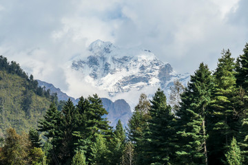 View on Himalayan valley along Annapurna Circuit Trek, Nepal. There is a dense forest in front. High, snow caped mountains' peaks catching the sunbeams. Serenity and calmness. Barren slopes