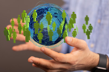 Digital hologram of the Earth with satellites on orbit. Digital globe with statistics data..